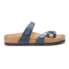 The Birkenstock Mayari Oiled Leather sandal for women features blue oiled leather, two adjustable buckle straps, a contoured cork footbed, and a black rubber sole, shown in a side view.
