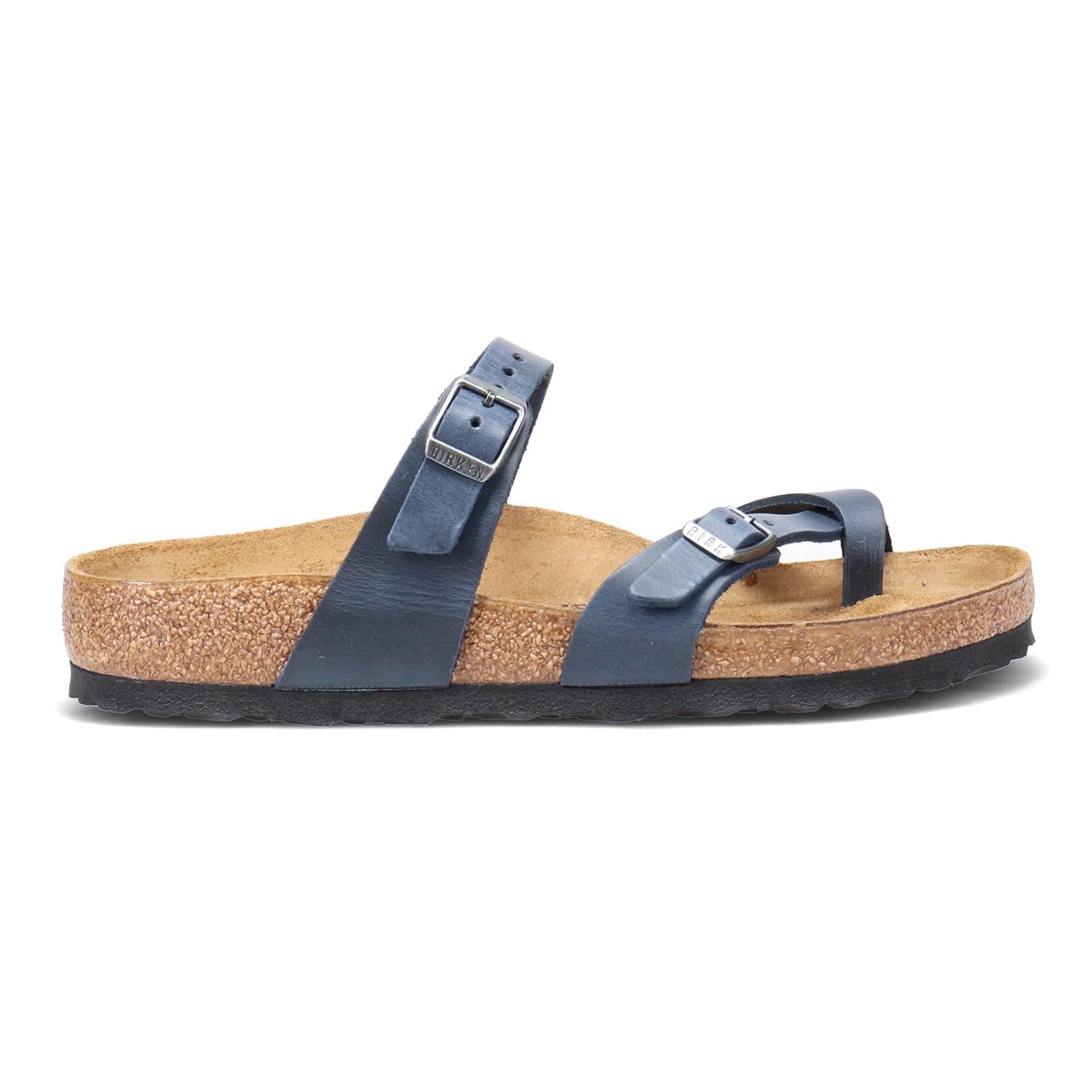 The Birkenstock Mayari Oiled Leather sandal for women features blue oiled leather, two adjustable buckle straps, a contoured cork footbed, and a black rubber sole, shown in a side view.