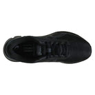 Top view of the ASICS GEL-PULSE 12 - Mens in black, featuring mesh material, black laces, subtle patterns, and branded text on the insole. Lightweight design with GEL technology ensures comfort.