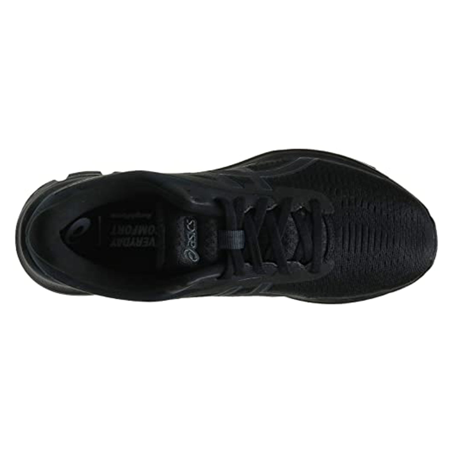 Top view of the ASICS GEL-PULSE 12 - Mens in black, featuring mesh material, black laces, subtle patterns, and branded text on the insole. Lightweight design with GEL technology ensures comfort.