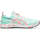 The ASICS GEL-NOOSA TRI 12 - Womens features a light teal mesh upper, pink accents on the logo and sole, a multicolored FLYTEFOAM midsole, low profile design, and a textured rubber outsole.
