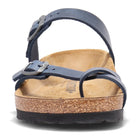 Front view of the Birkenstock Mayari Oiled Leather sandal for women, showing a contoured cork footbed, black sole, and two navy blue oiled leather straps with metal buckles.
