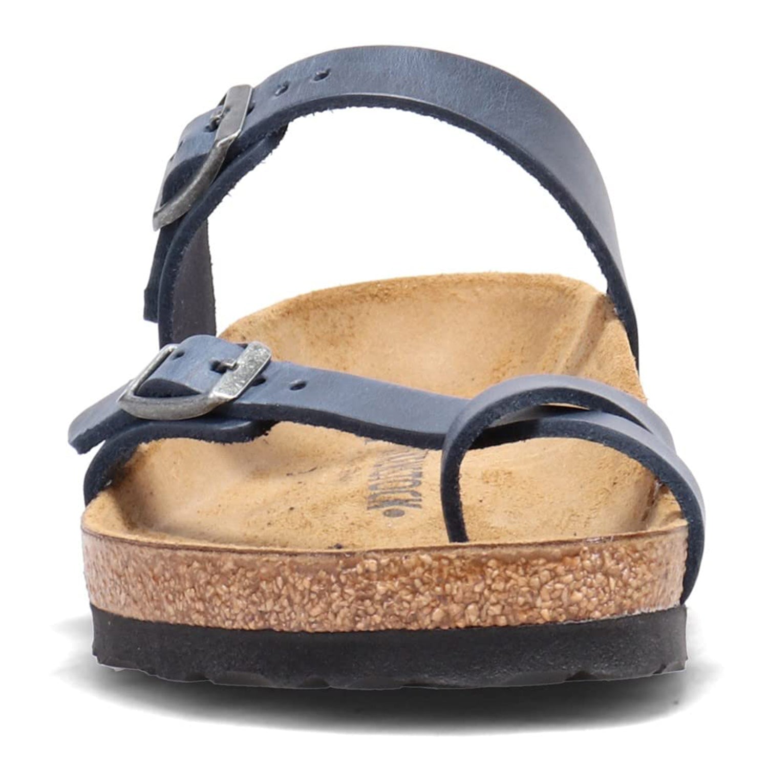 Front view of the Birkenstock Mayari Oiled Leather sandal for women, showing a contoured cork footbed, black sole, and two navy blue oiled leather straps with metal buckles.