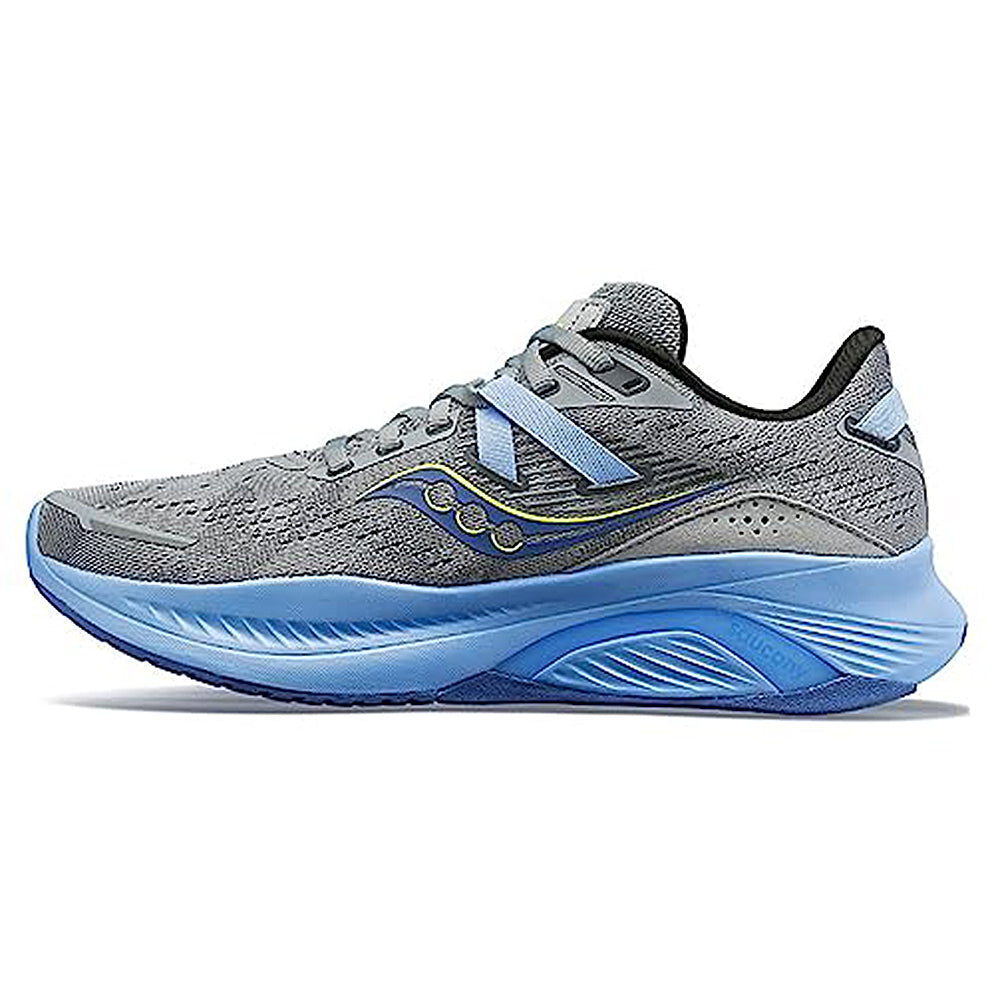 The Saucony Guide 16 Running Shoe - Womens in Fossil/Ether features a textured upper, lace-up design, and thick sole for cushioned support, shown from the side against a white background.