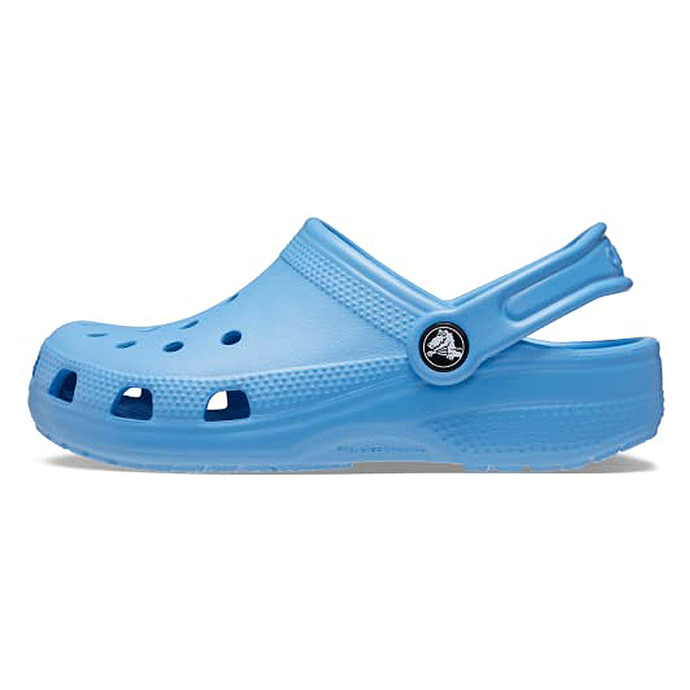 The Crocs Classic Clog - Kids in Oxygen features ventilation holes and an adjustable heel strap, making it a perfect kids’ clog. Shown on a white background.