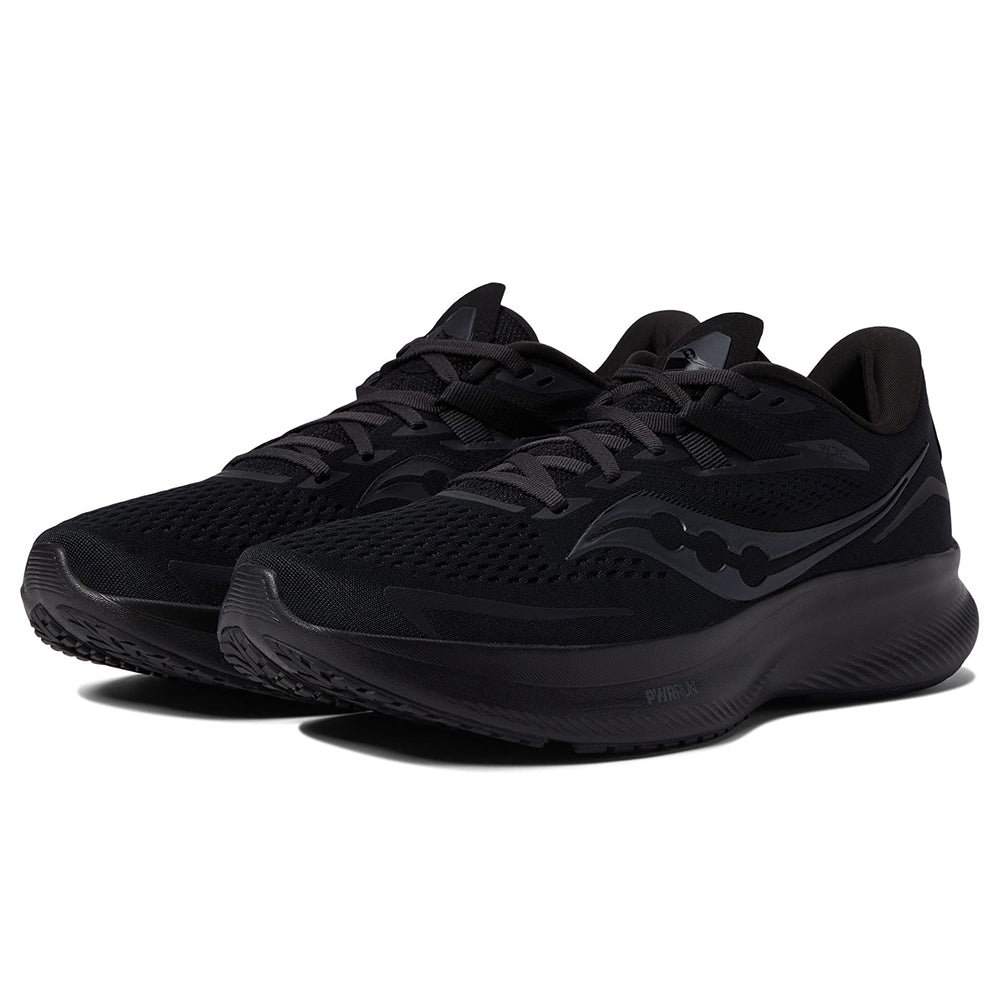 The Saucony Ride 15 - Men in Black/Black/Black features a lightweight mesh upper, lace-up design, and thick textured sole, shown at a slight angle on a white background.