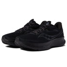 The Saucony Ride 15 - Men in Black/Black/Black features a lightweight mesh upper, lace-up design, and thick textured sole, shown at a slight angle on a white background.