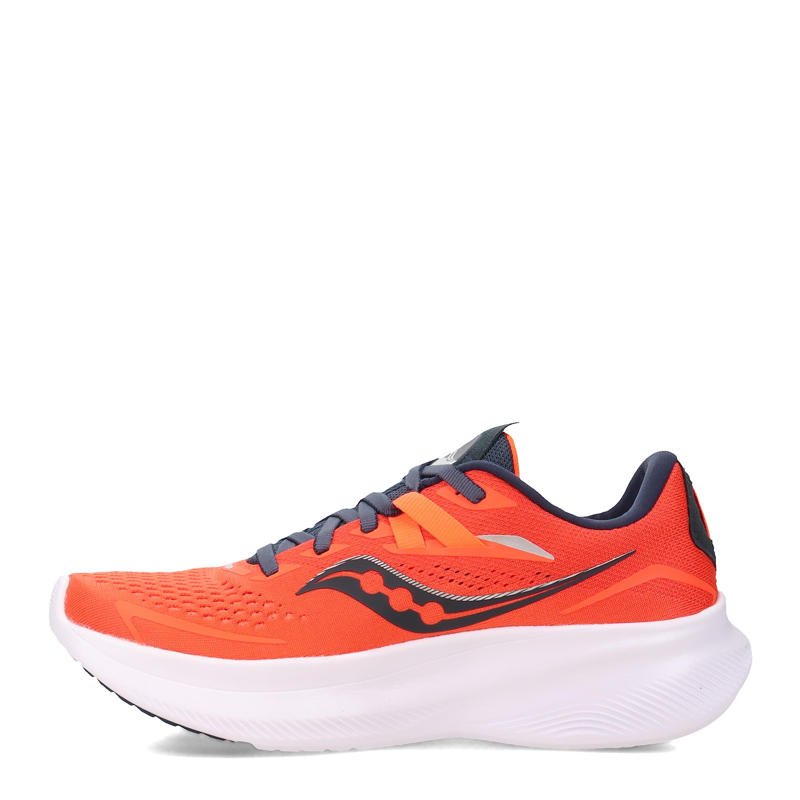 The Saucony Ride 15 - Womens in Vizired/Night features a mesh upper, lace-up closure, and white PWRRUN cushioning sole. Shown in side profile on a white background, it displays striking orange with navy and white accents.