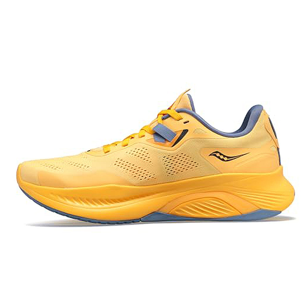 The Saucony Guide 15 - Womens in Gold/Summit features blue accents on the collar, sole, and logo. Shown in a side view on a white background, these lightweight running shoes offer cushioned support—perfect for athletic activity.