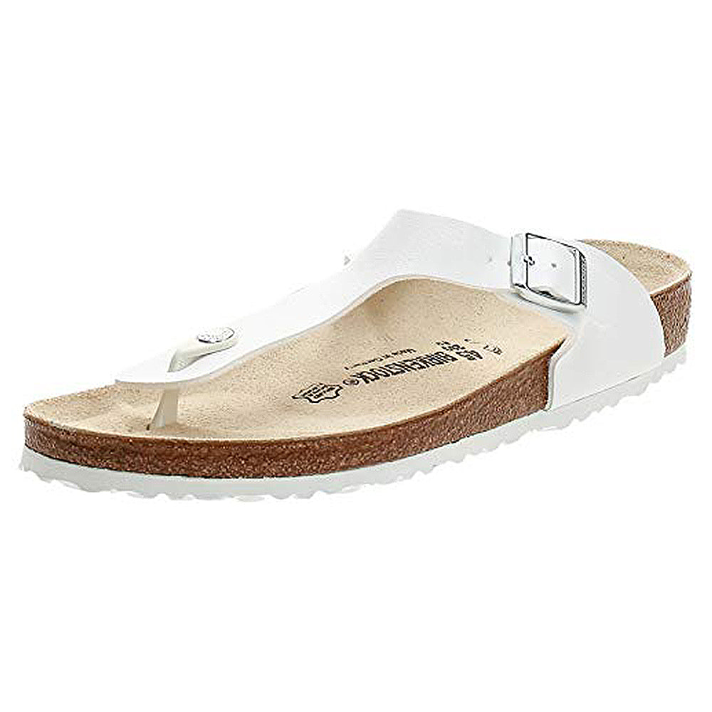A single white Birkenstock Gizeh Birko-Flor - Unisex sandal with a cork footbed, white buckle strap, and textured sole, shown at an angle.