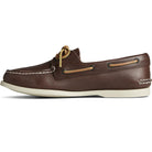 The Sperry A/O 2-EYE LEATHER mens boat shoe in CLASSIC BROWN features white stitching, tan laces, and a white rubber sole, shown here in side profile.