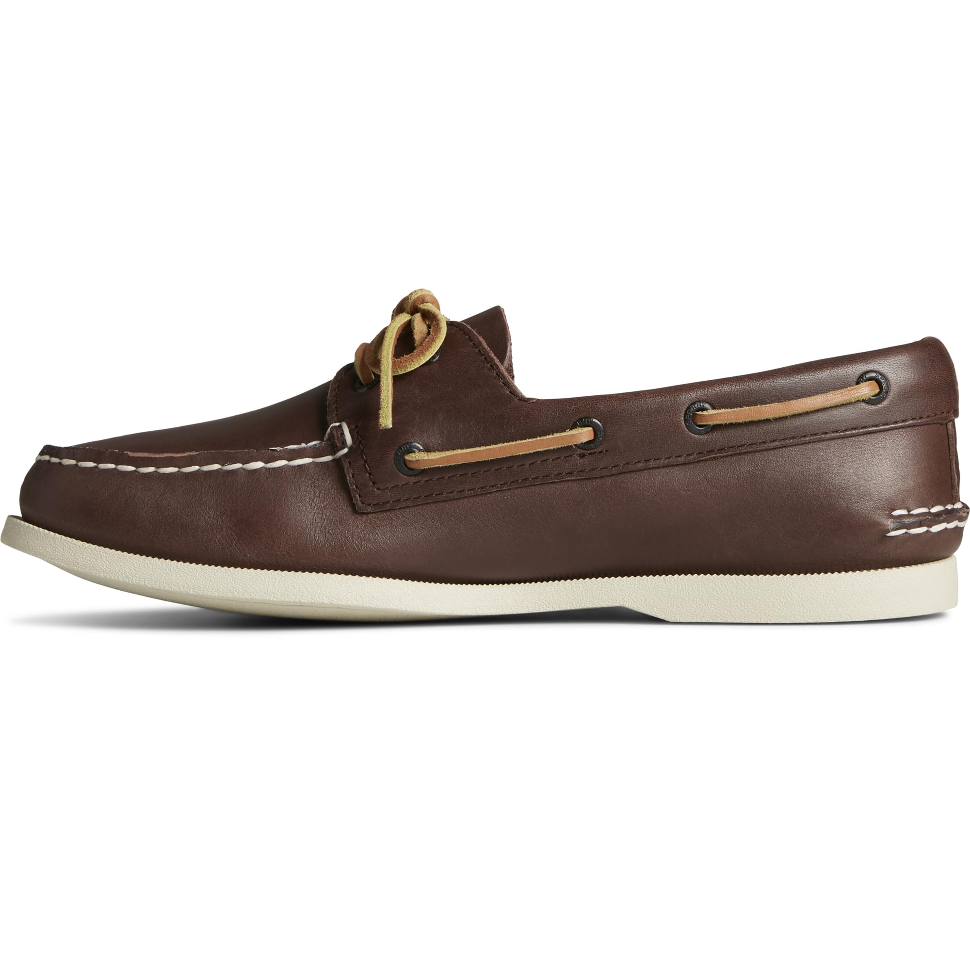 The Sperry A/O 2-EYE LEATHER mens boat shoe in CLASSIC BROWN features white stitching, tan laces, and a white rubber sole, shown here in side profile.