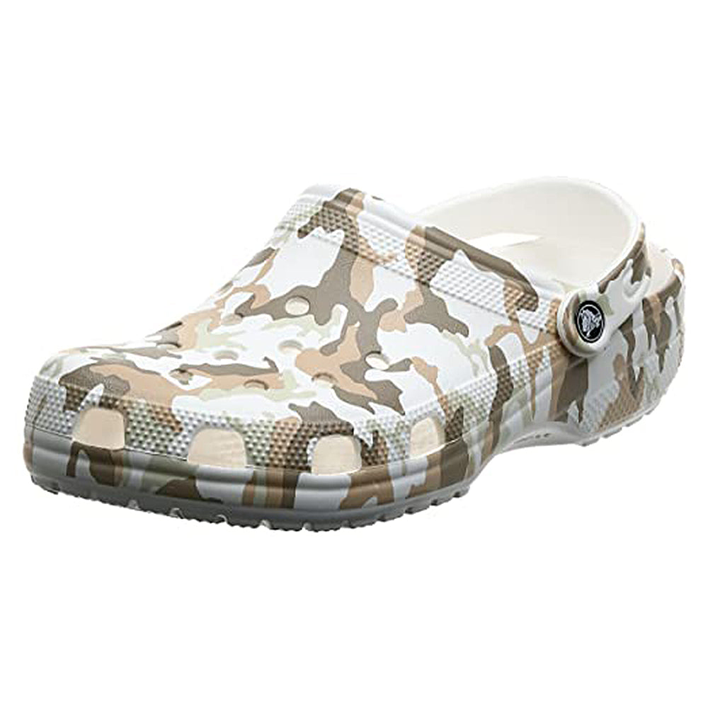 The Crocs Classic Camo Clog - Unisex in White/Camo offers comfort, ventilation holes, and a supportive back strap—perfect water shoes from Crocs.