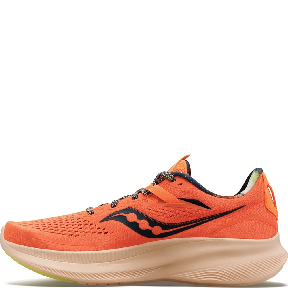 The Saucony Ride 15 - Womens running shoe in Campfire Story features a bright orange mesh upper, cushioned beige sole, black detailing and wavy logo, plus patterned laces for comfort and style.