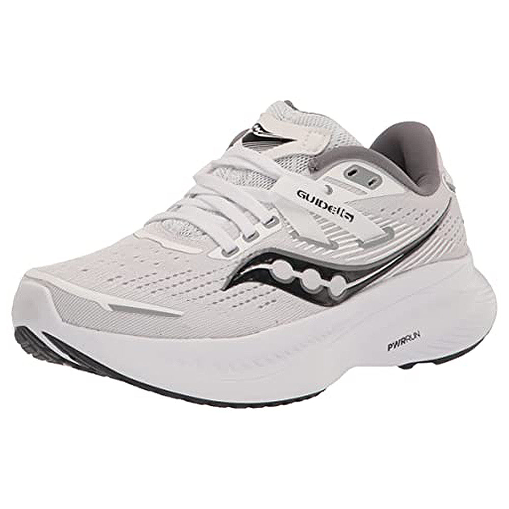The Saucony Guide 16 - Womens in White/Black features a mesh upper, gray and black accents, Saucony logo and Guideline text on the side, plus a thick sole with PWRRUN foam for cushioned support.