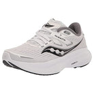 The Saucony Guide 16 - Womens in White/Black features a mesh upper, gray and black accents, Saucony logo and Guideline text on the side, plus a thick sole with PWRRUN foam for cushioned support.