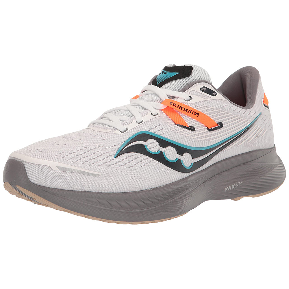 The Saucony Guide 16 Running Shoe - Mens comes in White/Gravel, features a cushioned sole, and has a breathable mesh upper.