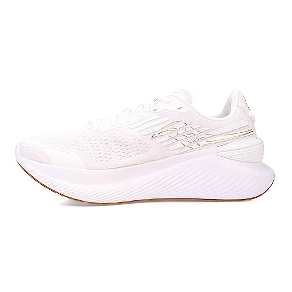 The Saucony Endorphin Shift 3 Running Shoe for men in White/Gum features a thick, textured PWRRUN foam sole and subtle gold side accents, displayed in profile against a white background.