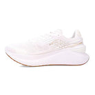 The Saucony Endorphin Shift 3 Running Shoe for men in White/Gum features a thick, textured PWRRUN foam sole and subtle gold side accents, displayed in profile against a white background.