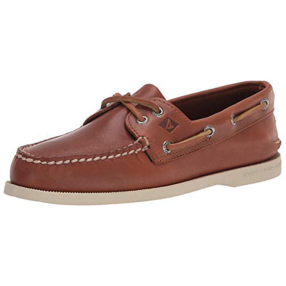 The Sperry A/O 2-EYE LEATHER mens boat shoe in TAN features white stitching, tan laces, metal eyelets, and a light-colored rubber sole.