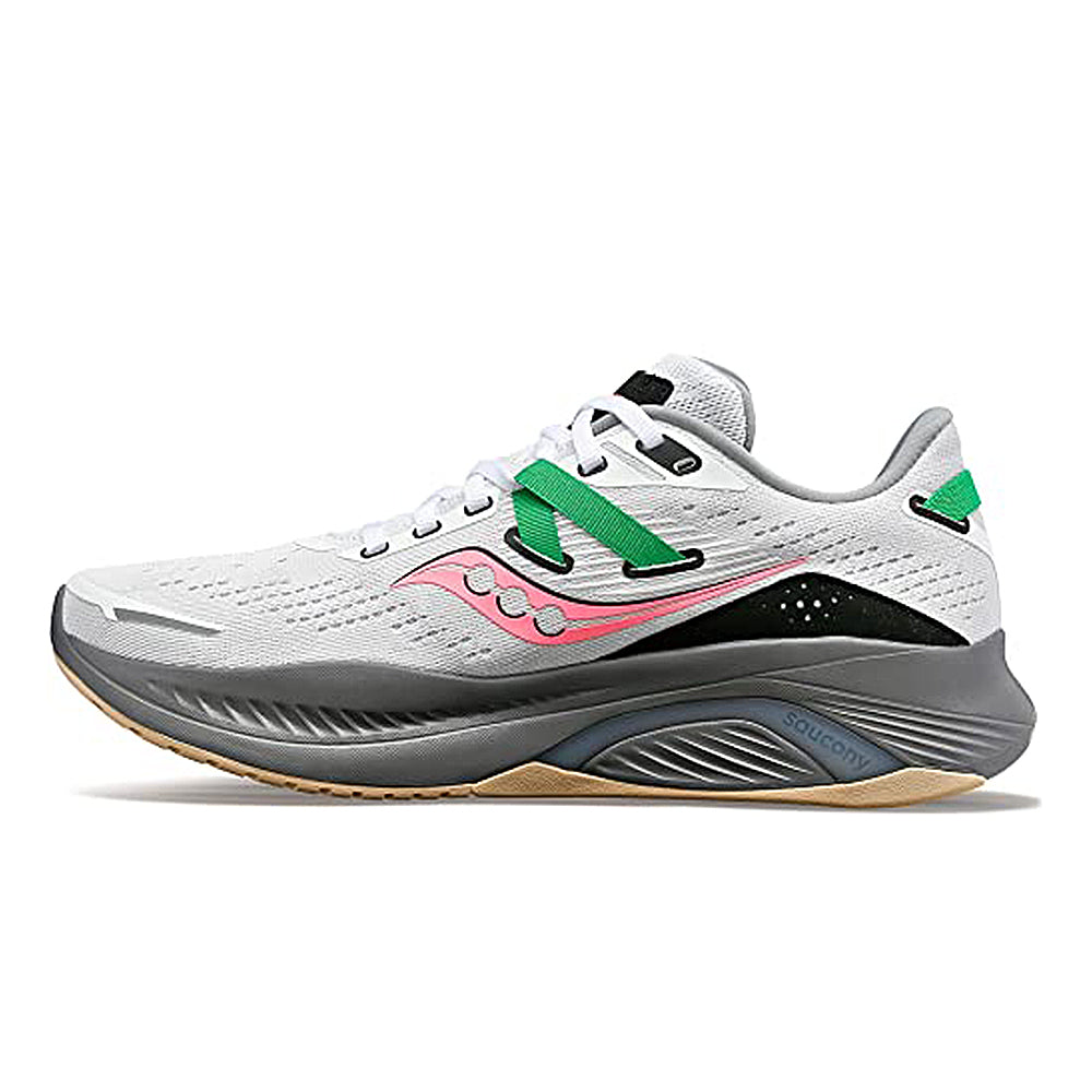 The Saucony Guide 16 Running Shoe - Womens in White/Gravel features a gray and tan sole, pink logo, green lace and heel accents, black mesh panels, and cushioned support—shown in side profile.