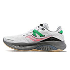 The Saucony Guide 16 Running Shoe - Womens in White/Gravel features a gray and tan sole, pink logo, green lace and heel accents, black mesh panels, and cushioned support—shown in side profile.