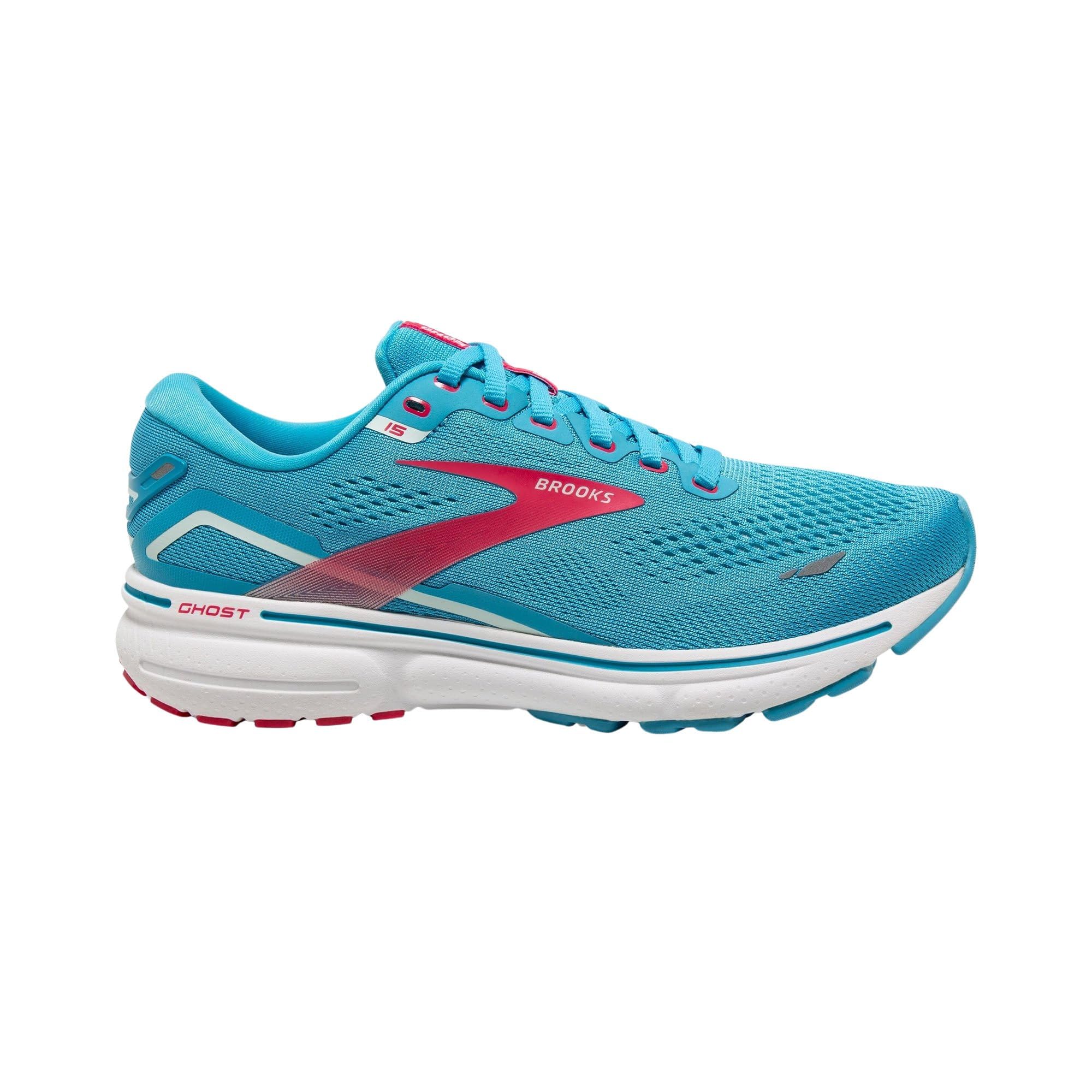 The Brooks Ghost 15 - Women is a waterproof running shoe in Blue Raspberry Skylight with red and white accents, a white sole, and Brooks branding, shown in profile against a plain white background.