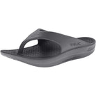 A single grey Telic Footwear Energy Flip Flop - Unisex sandal with pillow-soft cushioning, a textured footbed, and thick contoured straps is shown from a side angle on a white background.