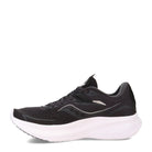 The Saucony Ride 15 - Womens running shoe in Black White features a thick, curved sole with PWRRUN cushioning and a subtle white side design, shown from the left against a plain white background.