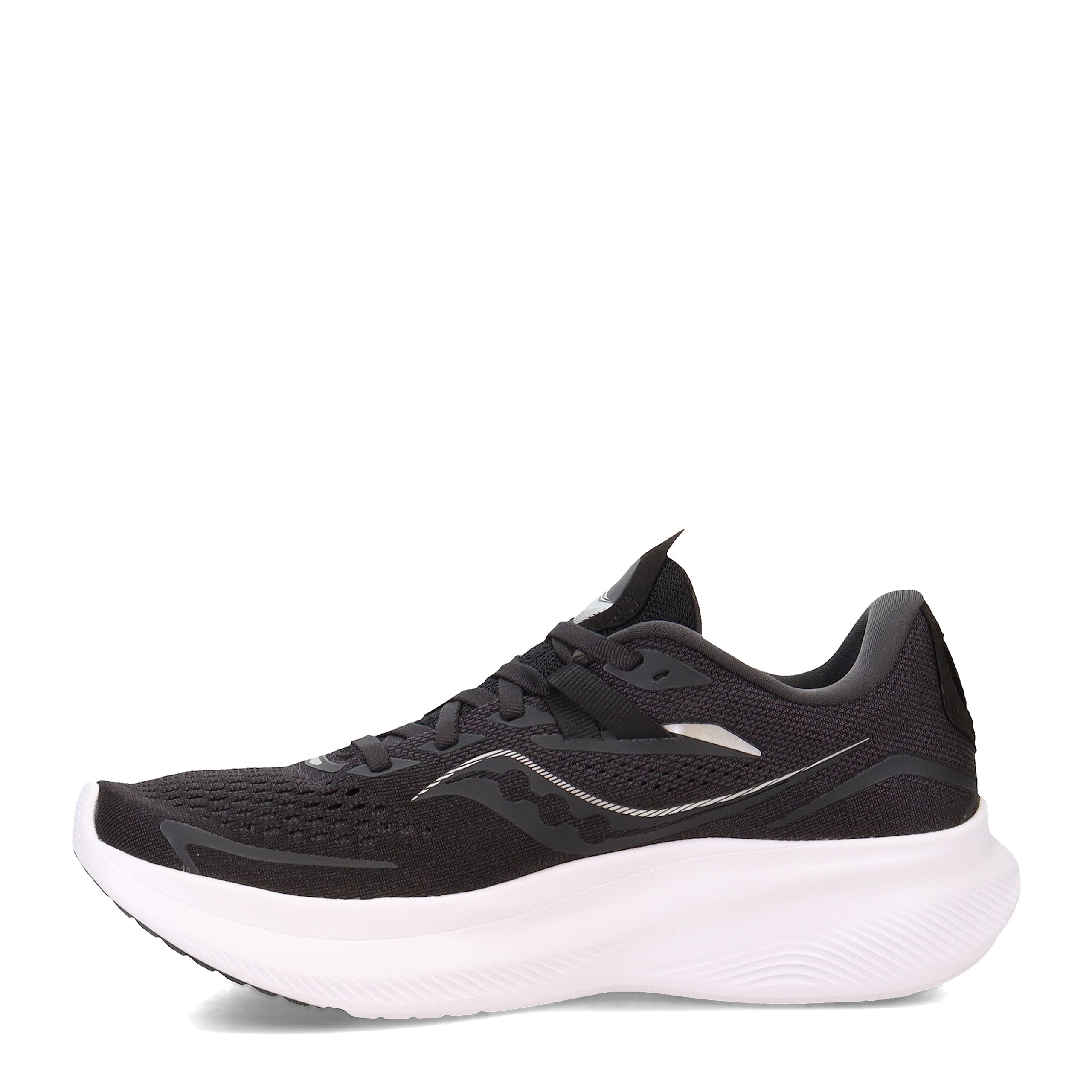 The Saucony Ride 15 - Womens running shoe in Black White features a thick, curved sole with PWRRUN cushioning and a subtle white side design, shown from the left against a plain white background.