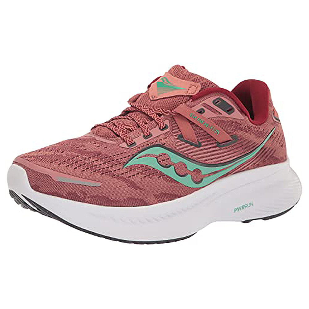The Saucony Guide 16 Running Shoe - Womens in Soot/Sprig features a mesh upper, lace-up closure, cushioned support, and branding on the side and tongue, with a white sole and black tread.