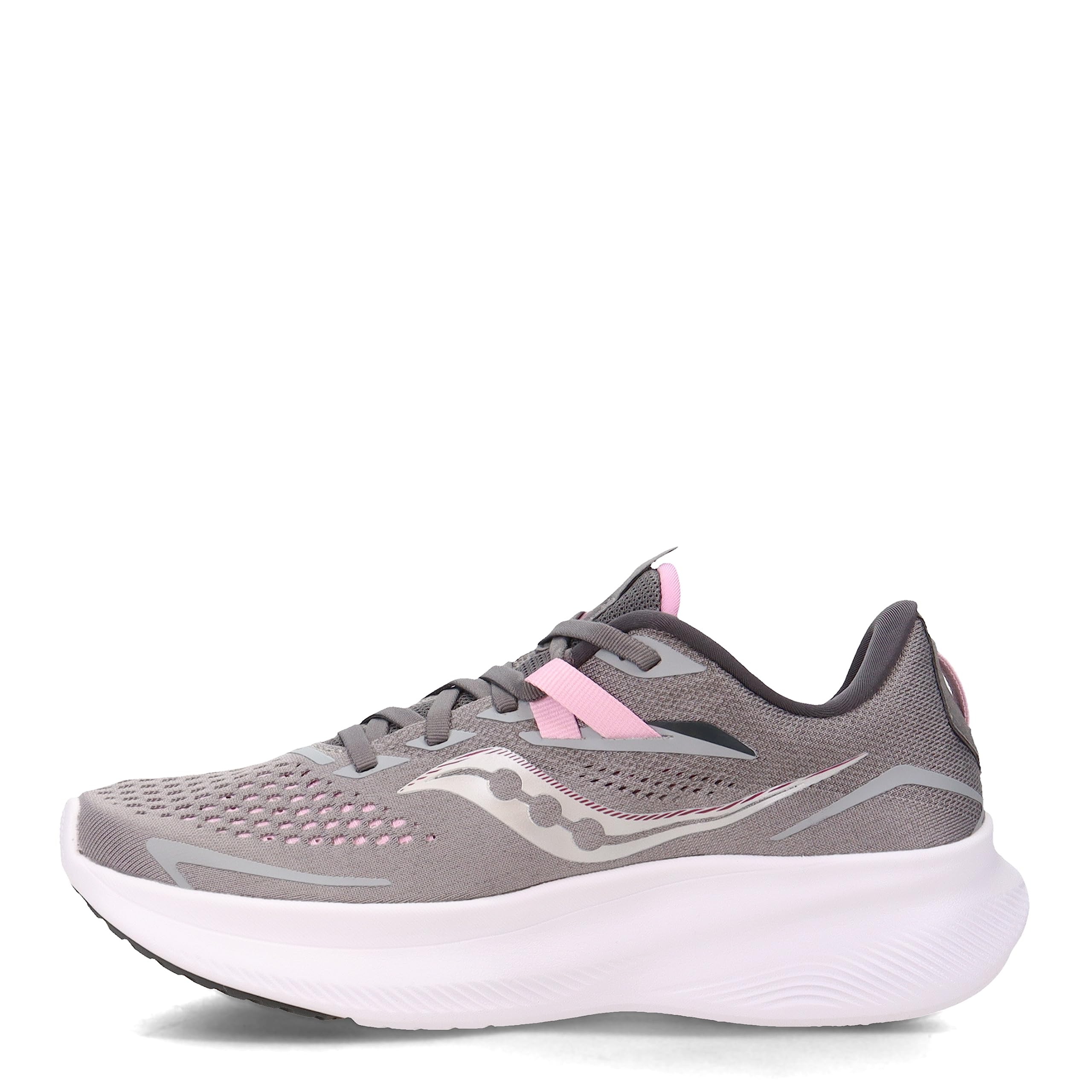 The Saucony Ride 15 - Womens in Alloy/Quartz is a gray running shoe with light pink and white accents, featuring a breathable mesh upper, lace-up closure, and thick white PWRRUN cushioning for comfort.