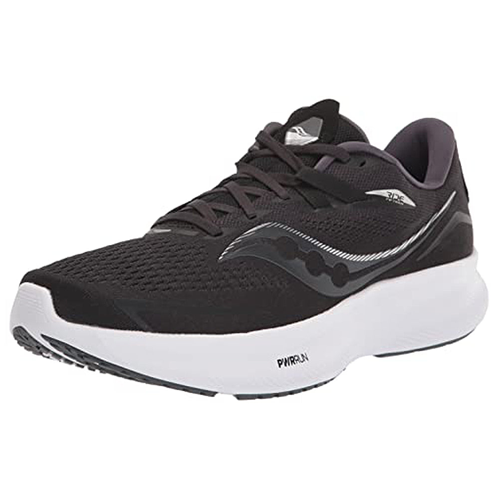 The Saucony Ride 15 - Men in Black/Gum is a lightweight running shoe with a mesh upper, gray accents, and a wave logo. Shown angled to display the heel, laces, and tread—perfect for runners seeking comfort.
