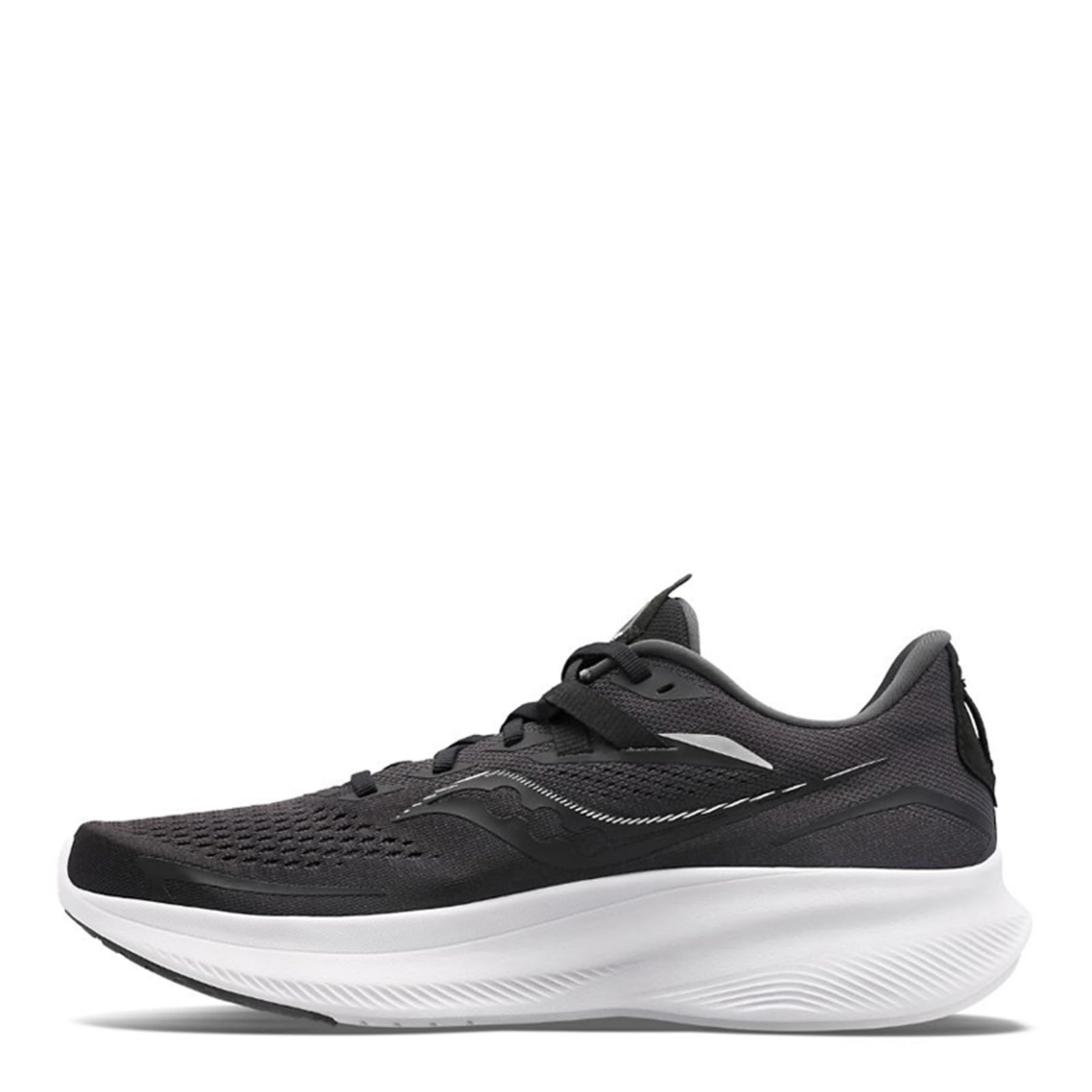 The Saucony Ride 15 - Men is a black/white lightweight running shoe with a mesh upper, lace-up closure, white sole, and subtle logo detailing on the side.
