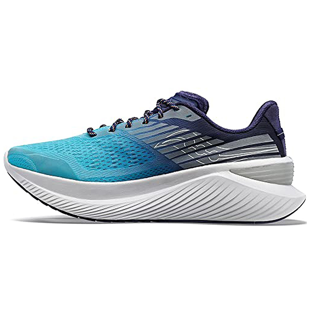 The Saucony Endorphin Shift 3 Running Shoe - Mens in Night Lite features a gradient blue design, prominent laces, thick white PWRRUN foam sole, lightweight mesh, and sleek lines for a modern, sporty look.