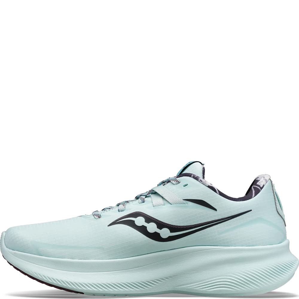 The Saucony Ride 15 - Womens in Promises color features a light blue design with black details, a wavy logo, thick PWRRUN cushioning sole, low profile, and laces—engineered for athletic performance.