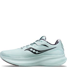 The Saucony Ride 15 - Womens in Promises color features a light blue design with black details, a wavy logo, thick PWRRUN cushioning sole, low profile, and laces—engineered for athletic performance.