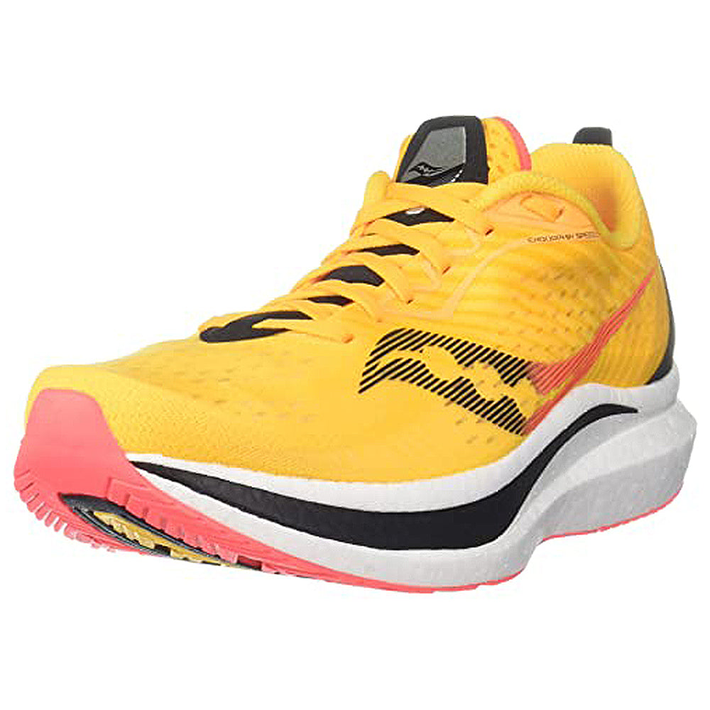 The Saucony Endorphin Speed 2 Running Shoe for men features a yellow upper with black and orange accents, a white midsole, and a pink outsole tip. Shown from a front-side angle, it offers SPEEDROLL technology for smooth running.
