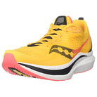 The Saucony Endorphin Speed 2 Running Shoe for men features a yellow upper with black and orange accents, a white midsole, and a pink outsole tip. Shown from a front-side angle, it offers SPEEDROLL technology for smooth running.