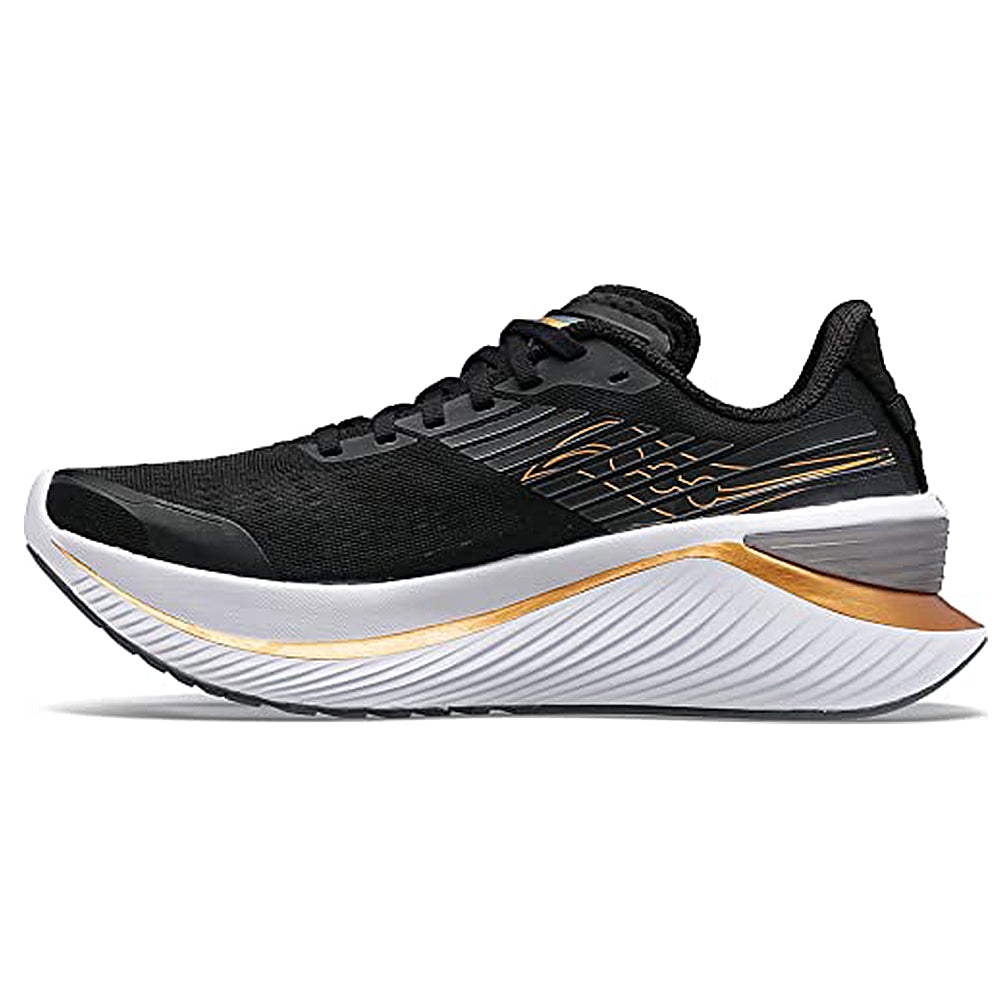 The Saucony Guide 16 Running Shoe for men in Black/Goldstruck features a white and gold curved sole, gold and gray side accents, black laces, and delivers cushioned comfort and style. Displayed on a white background.