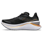 The Saucony Guide 16 Running Shoe for men in Black/Goldstruck features a white and gold curved sole, gold and gray side accents, black laces, and delivers cushioned comfort and style. Displayed on a white background.