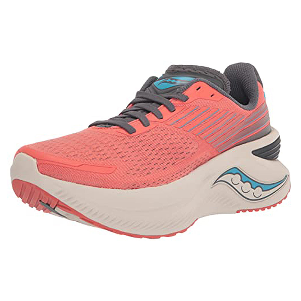 The Saucony Guide 16 Running Shoe - Womens in Coral/Shadow features gray laces and lining, cushioned support, a white sole with blue and gray accents, plus a wavy side logo.