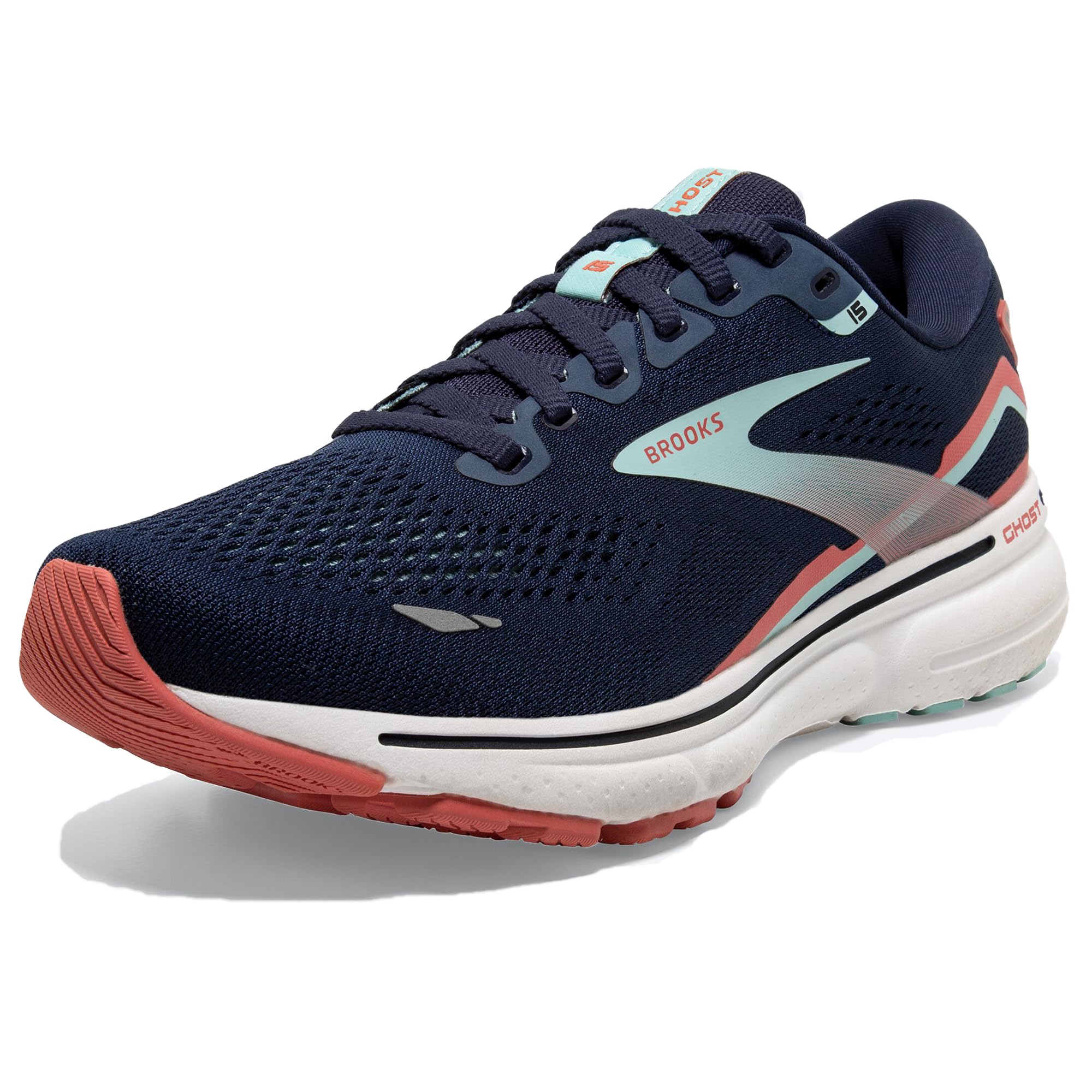 The Brooks Ghost 15 - Women features a peacoat navy waterproof design with a white sole, canal blue and rose accents, a mesh upper, and the Brooks logo on the side. Coral-colored detailing highlights the toe and part of the sole.