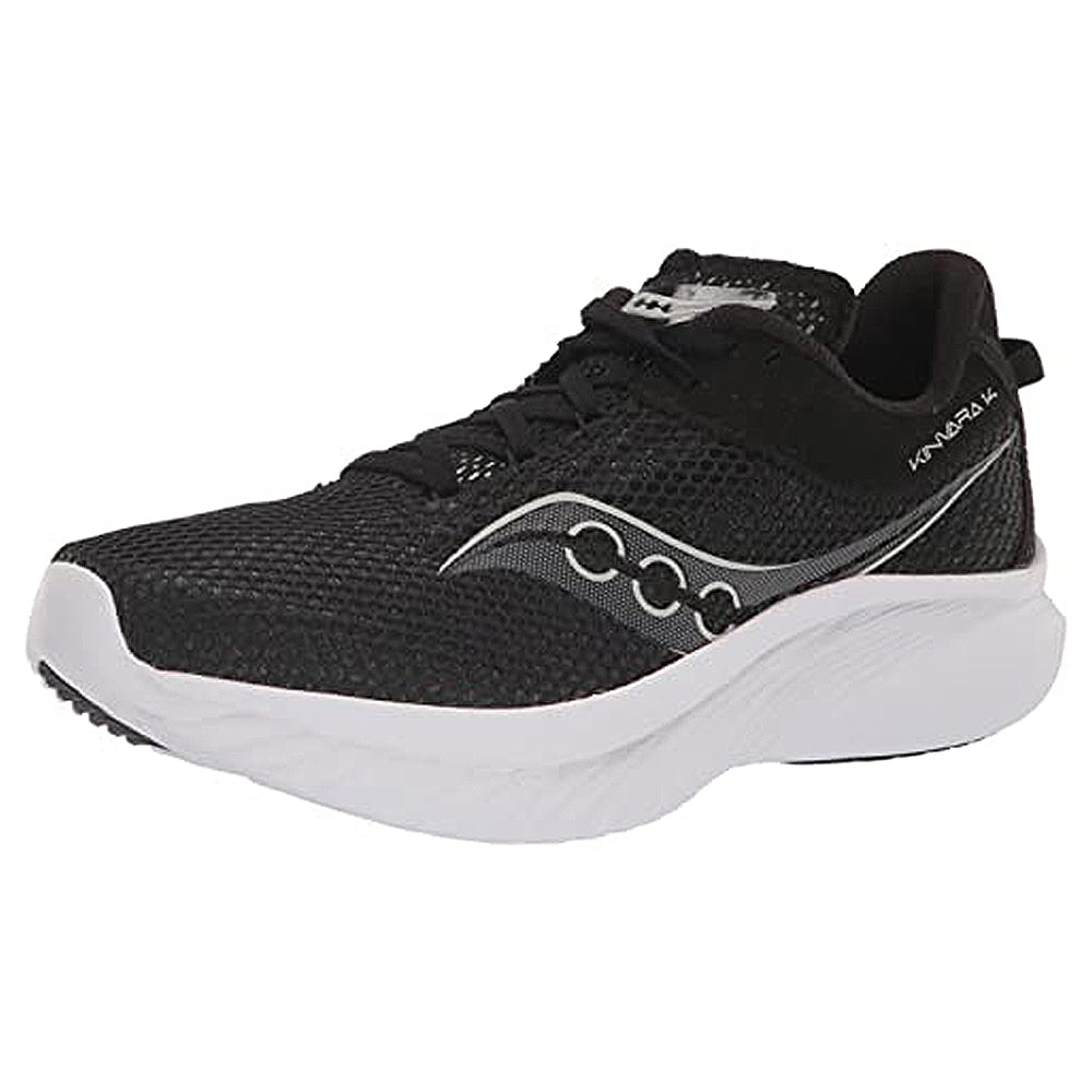 The Saucony Endorphin Shift 3 Running Shoe for men comes in black/white, featuring a breathable mesh upper, white sole and accents, responsive cushioning, and a sleek design with branded details for comfort and performance.