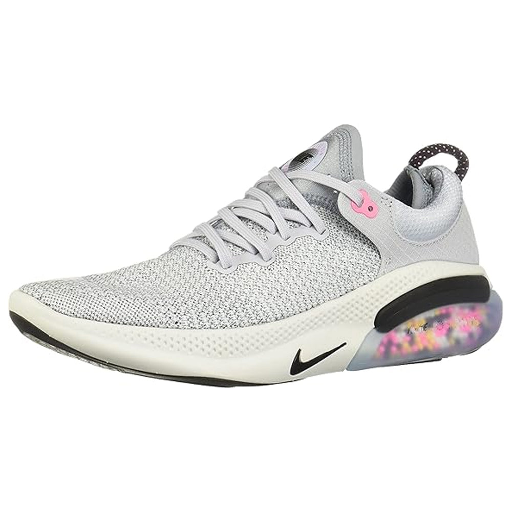 The Nike Joyride Run Flyknit - Men features an Obsidian Mist/Hydrogen Blue/Sky Grey/Black colorway with white laces, black accents, and a visible cushioning unit in the heel for comfort and style.
