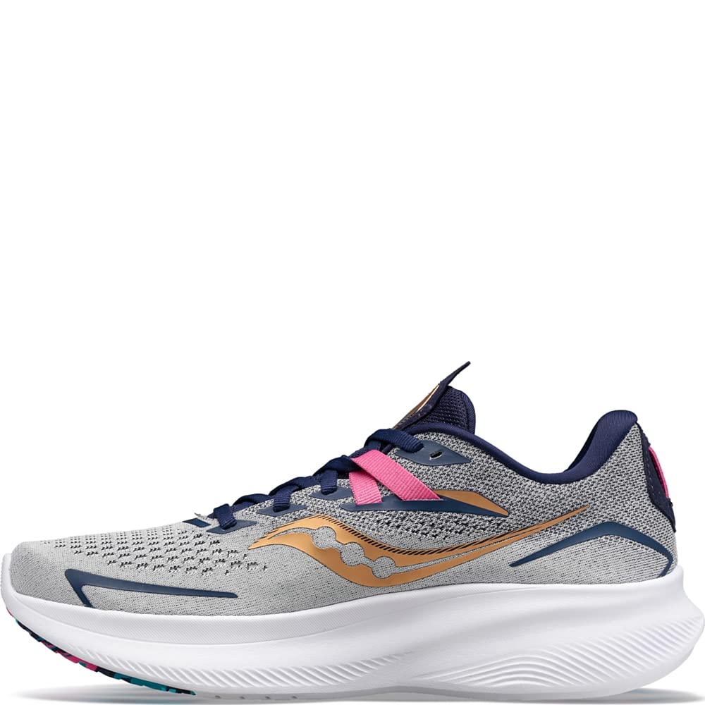 The Saucony Ride 15 - Womens in Prospect Glass features a gray mesh upper for breathability, navy blue sole, navy and pink laces, gold and pink accents, plus a thick white PWRRUN cushioned midsole for comfort.