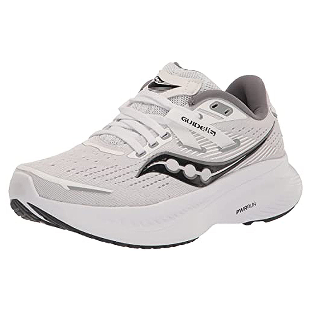 The Saucony Guide 16 Running Shoe - Womens in White/Black features a mesh upper, lace-up design, cushioned sole for support, black accents, and the Saucony logo on the side.