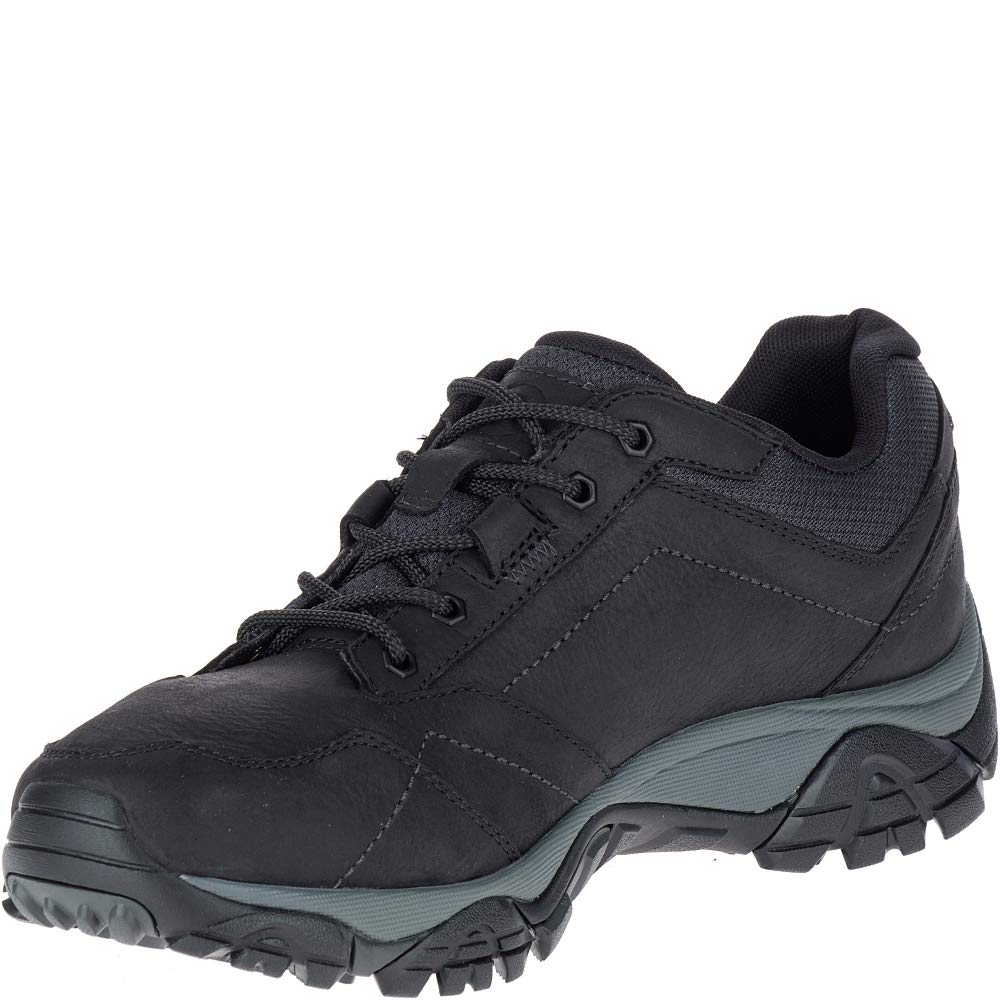 The Merrell Moab Adventure Lace Waterproof - Men is a black hiking shoe with a rugged Vibram outsole, sturdy build, lace-up closure, gray midsole accents, and a textured sole for superior traction.