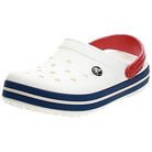 For sale: Crocs Crocband Clog Seasonal Colors - Unisex in White/Blue Jean, featuring ventilation holes, a blue stripe on the sole, red heel strap, and side logo.