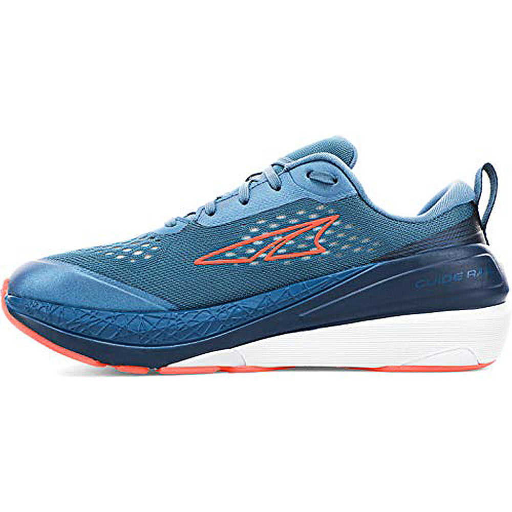 The Altra Paradigm 5 - Women is a blue/coral athletic running shoe with a mesh upper, white and coral accents, elevated sole, side logo, and heel pull tab.